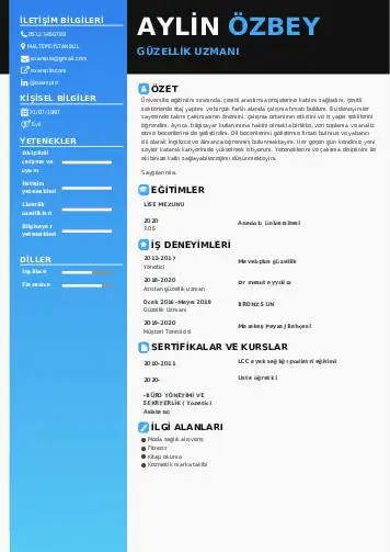 Güzellik Uzmanı Cv Örnekleri  cv indir